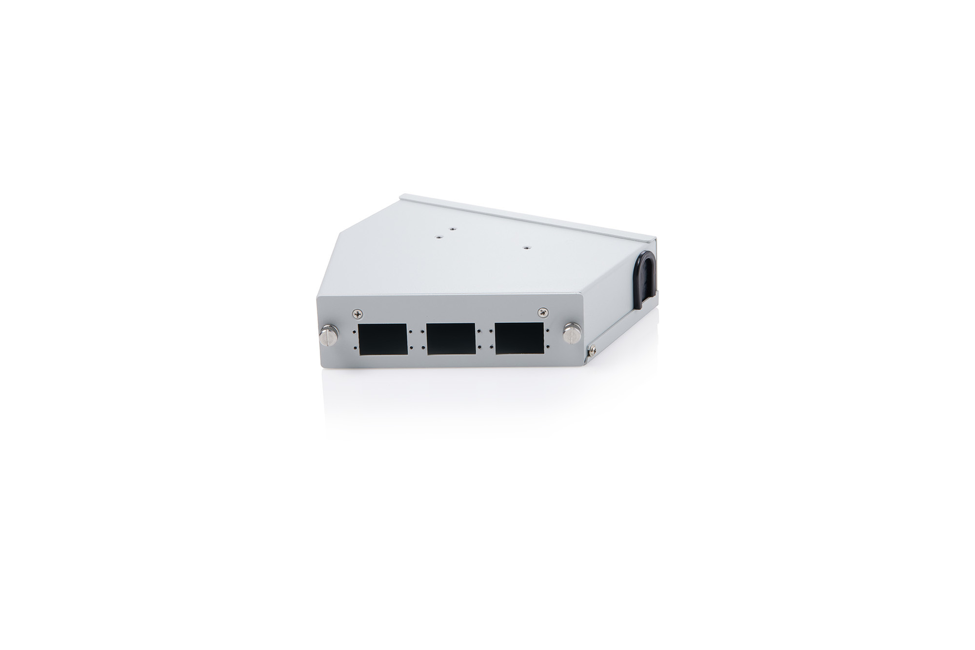 Fiber optic DIN rail splice distributor, angled, 6 SC DX/LC Quad, grey