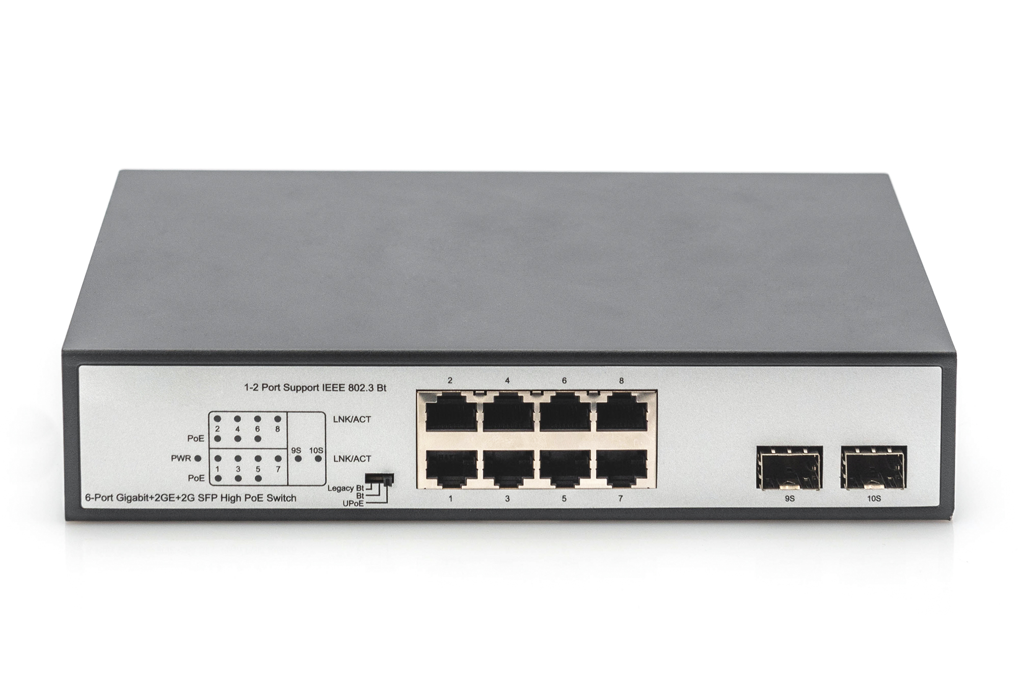 8-Port Gigabit PoE Networkswitch, Desktop, unmanaged, 2 Uplink Ports, SFP, 180 W, af/at/bt