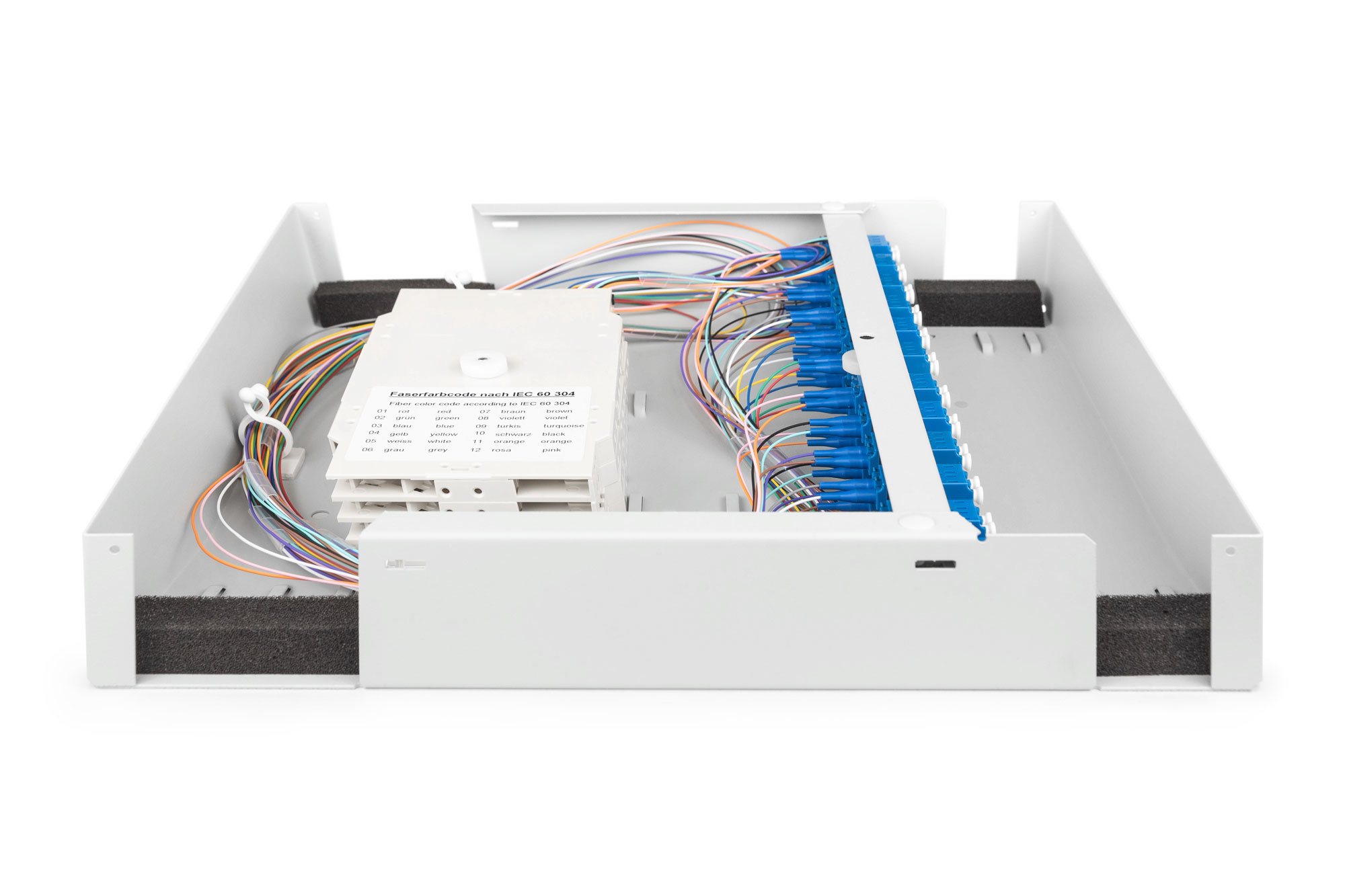 Fiber optic wall-mounted housing, singlemode, assembled, 24 x LC DX adapter and pigtail