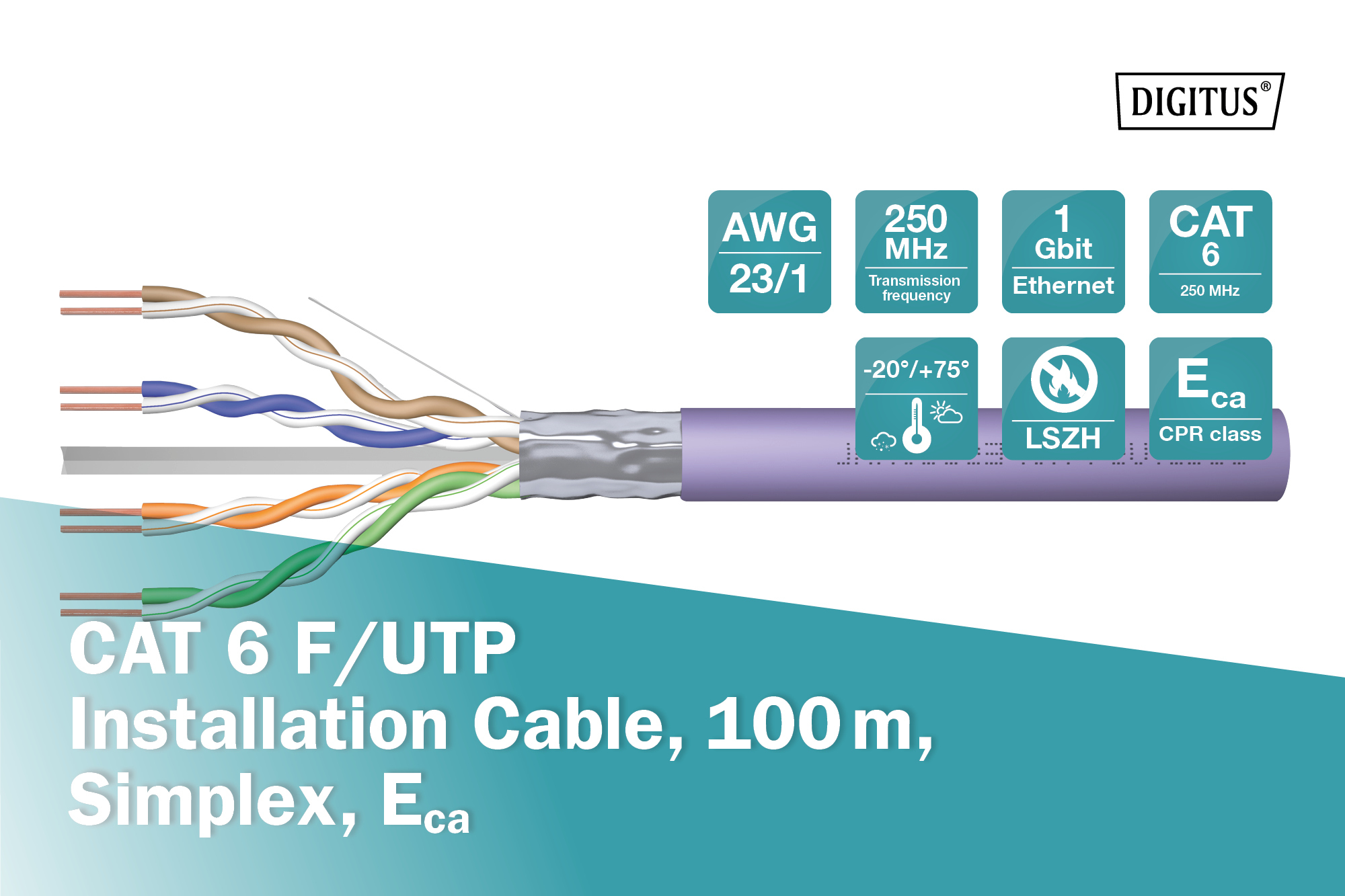 CAT 6 F/UTP installation cable, 100 m, simplex, Cca