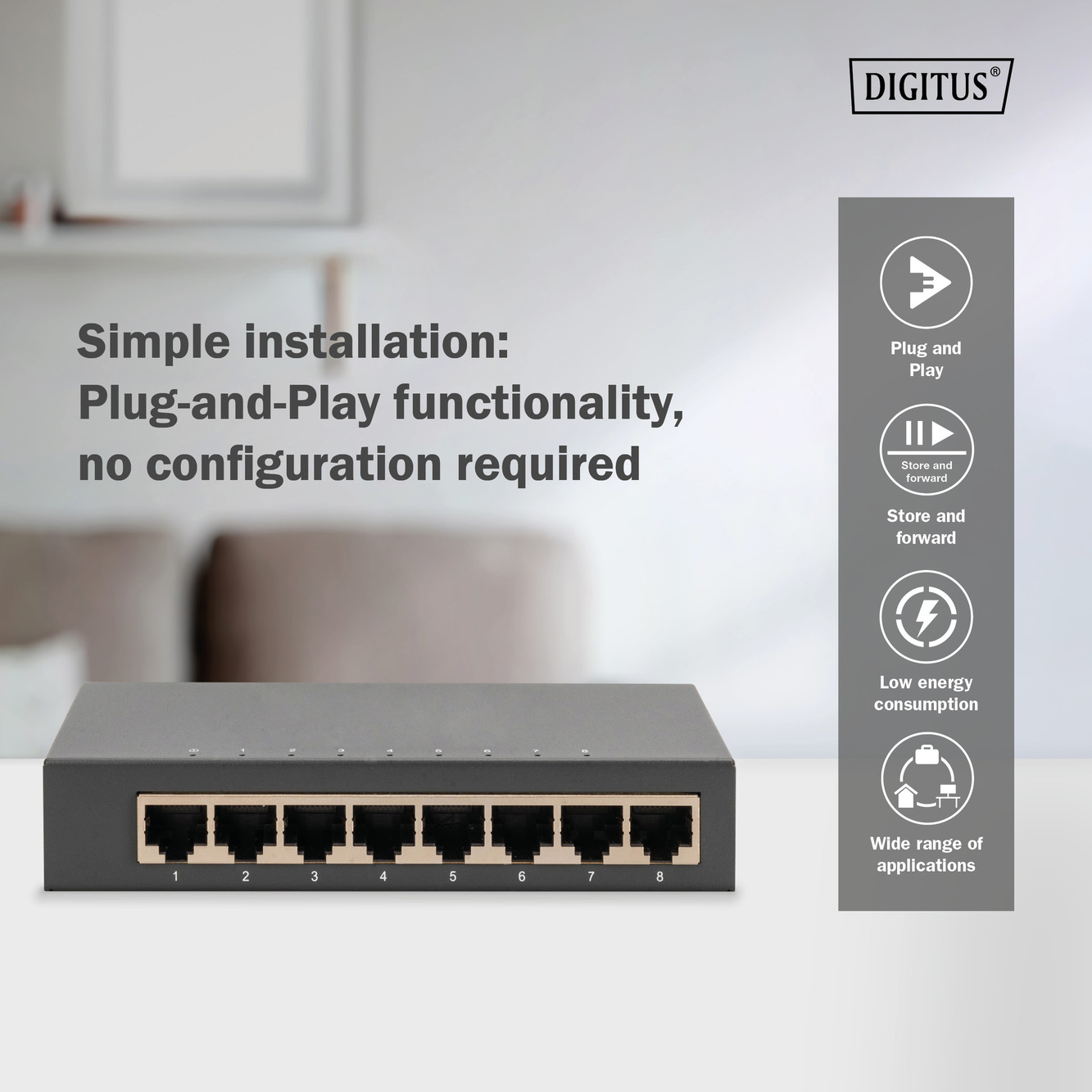 8-port Gigabit switch, desktop, unmanaged, metal housing