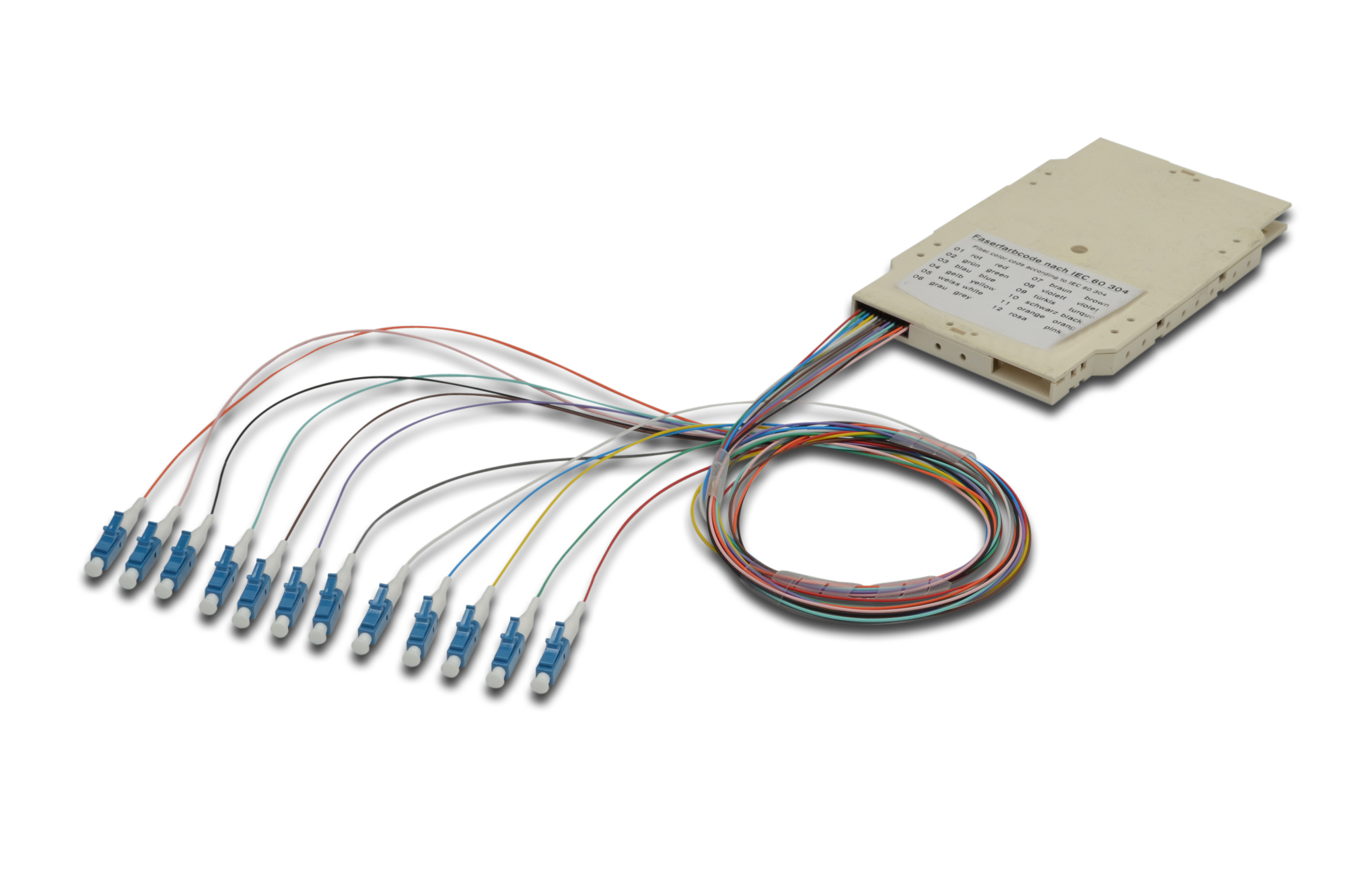 Splice cassette with 12 pigtails, pre-assembled, LC (APC), OS2