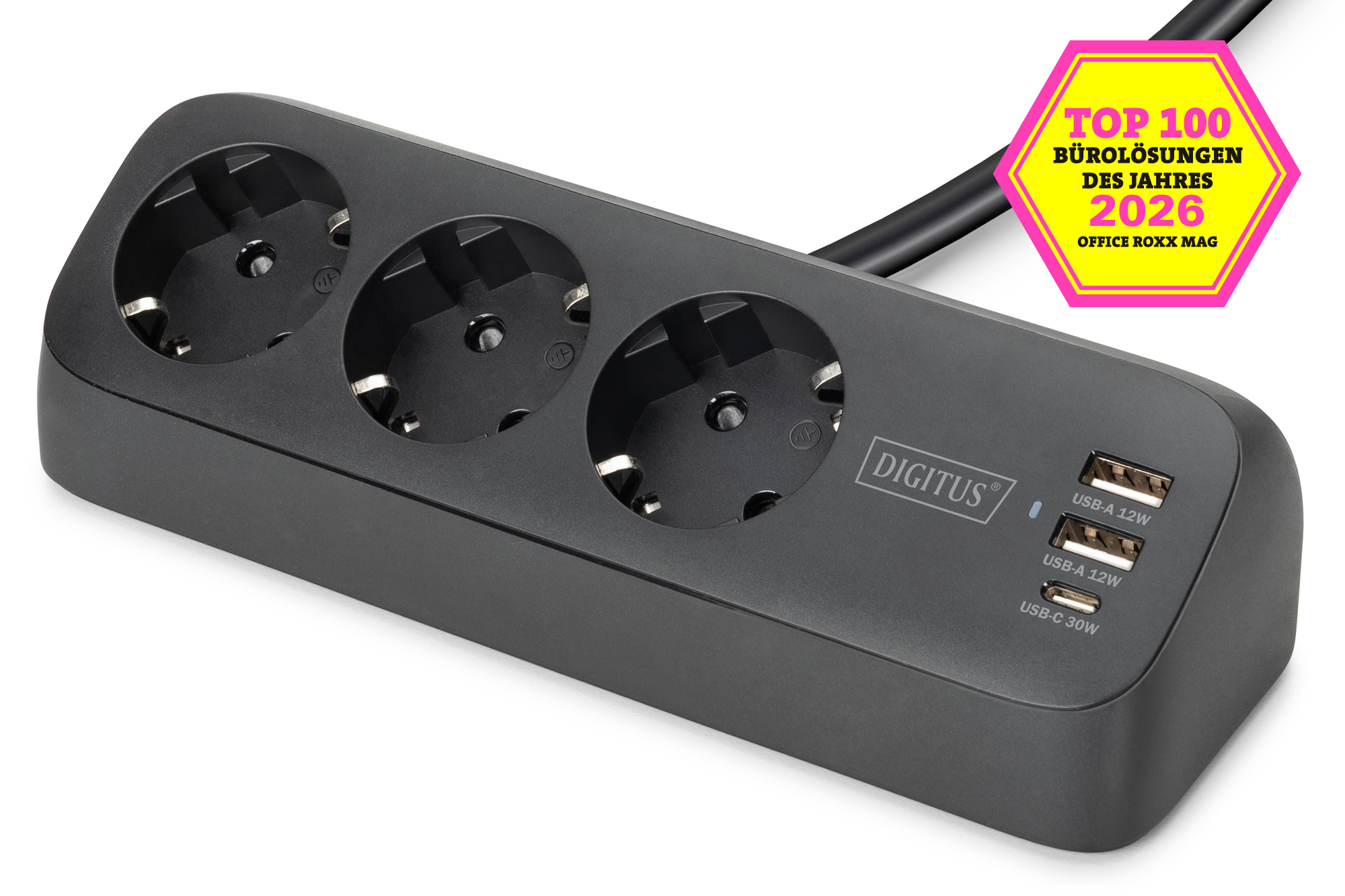 3-Way Power Strip With USB-A USB-C - Black