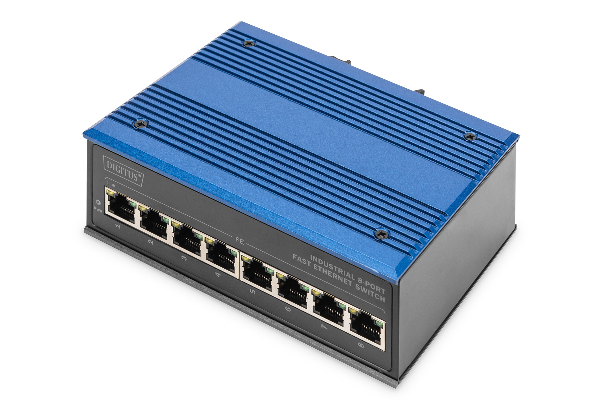 8 port Fast Ethernet network switch, industrial, unmanaged, 1 RJ45 uplink
