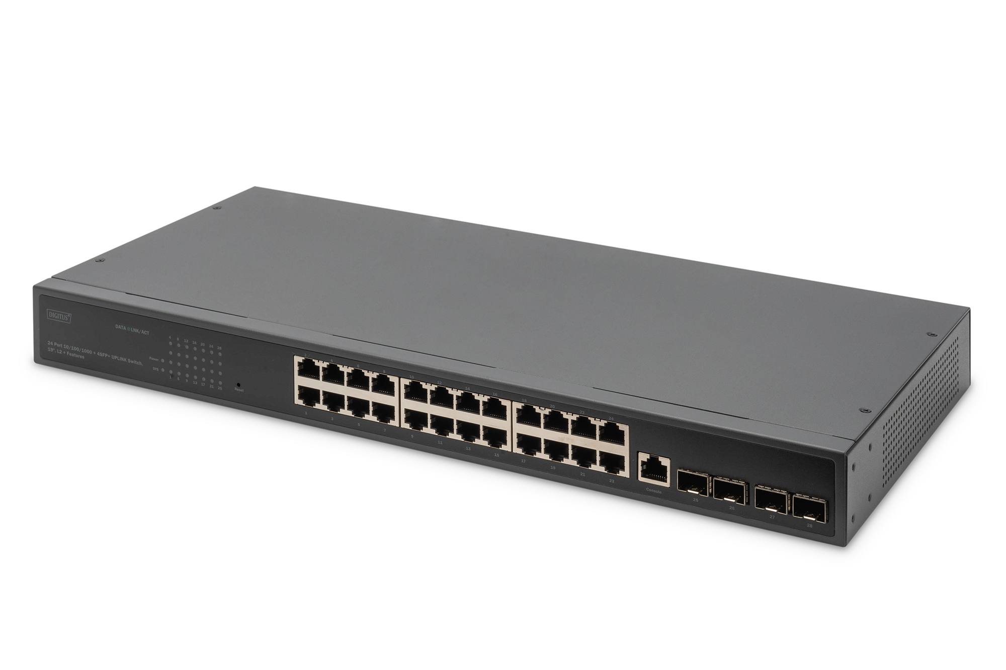 24 Port 10/100/1000 + 4SFP+ UPLINK Switch, 19", L2+ Features