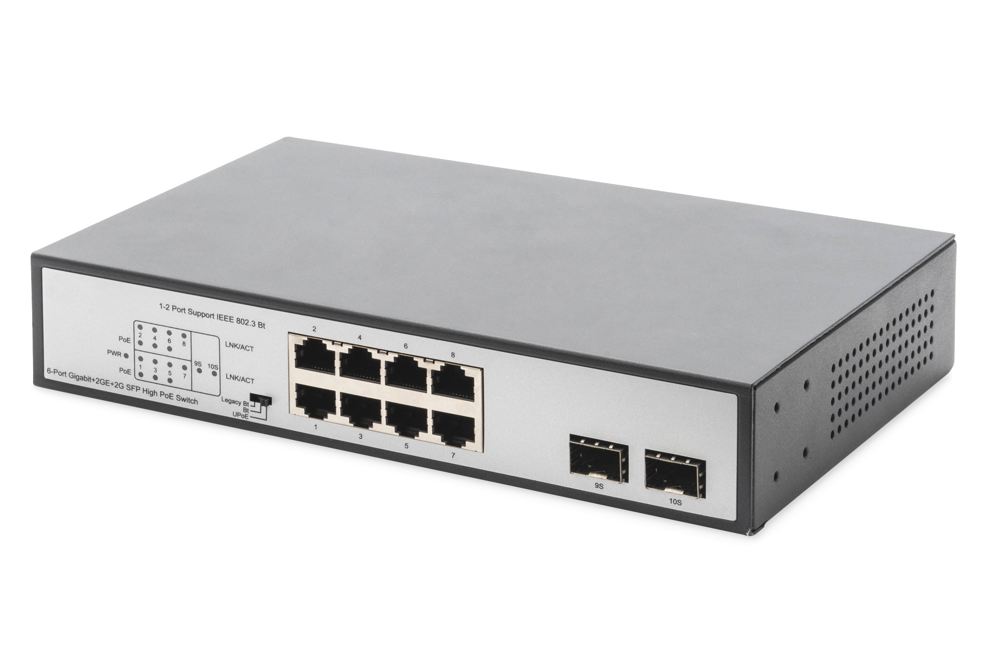 8-Port Gigabit PoE Networkswitch, Desktop, unmanaged, 2 Uplink Ports, SFP, 180 W, af/at/bt