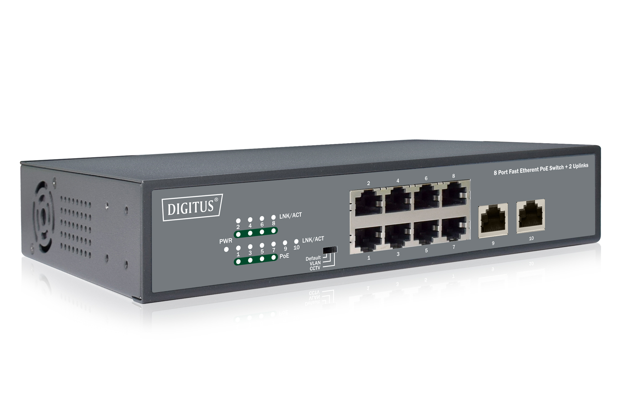 8-Port Fast Ethernet PoE Netwrkswitch, Desktop, unmanaged, 2 Uplink Ports RJ45,120 W, af/at
