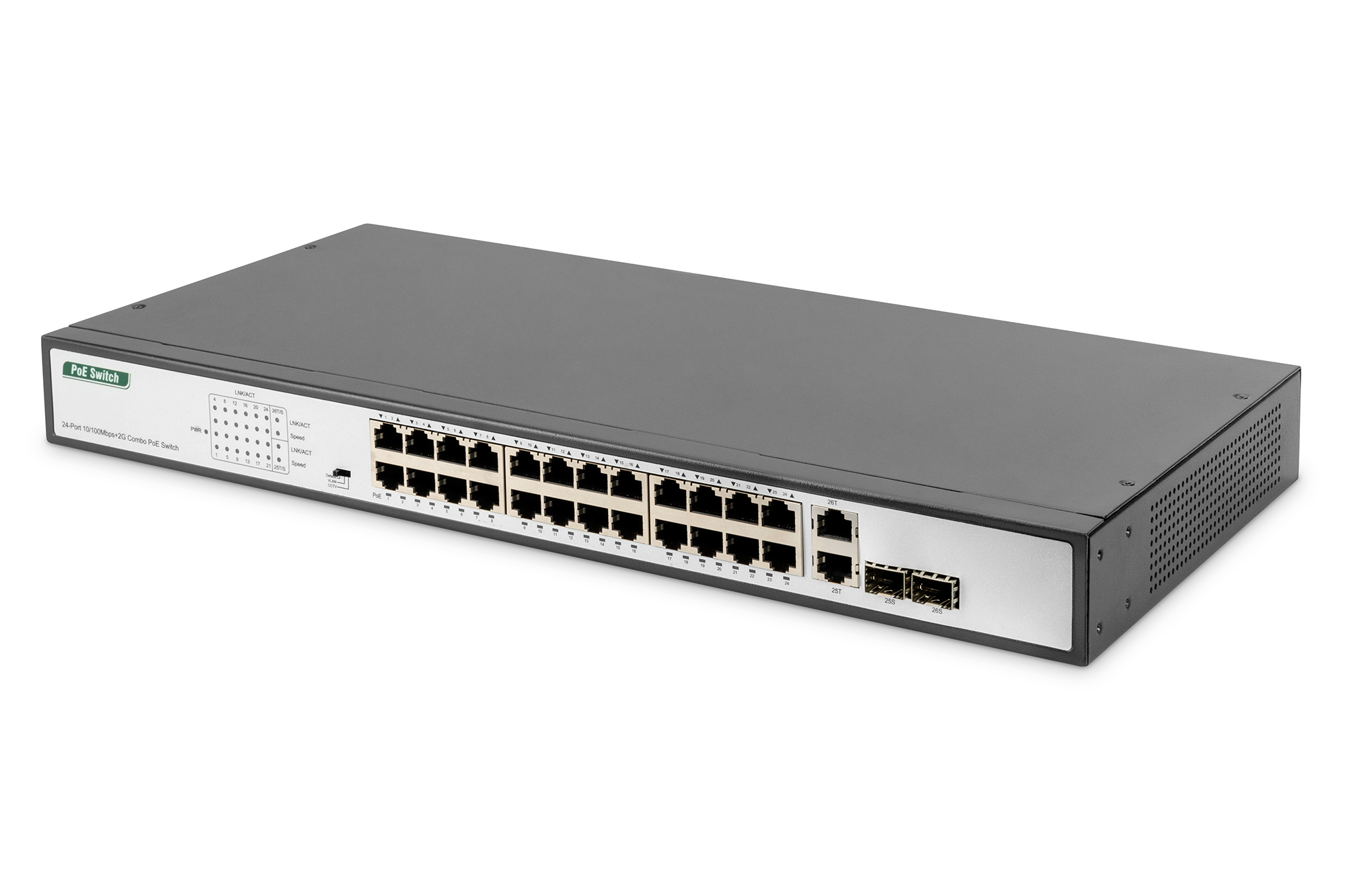 24-port Fast Ethernet PoE network switch, 19-inch, unmanaged, 2 GE uplink ports, SFP, 370 W, af/at