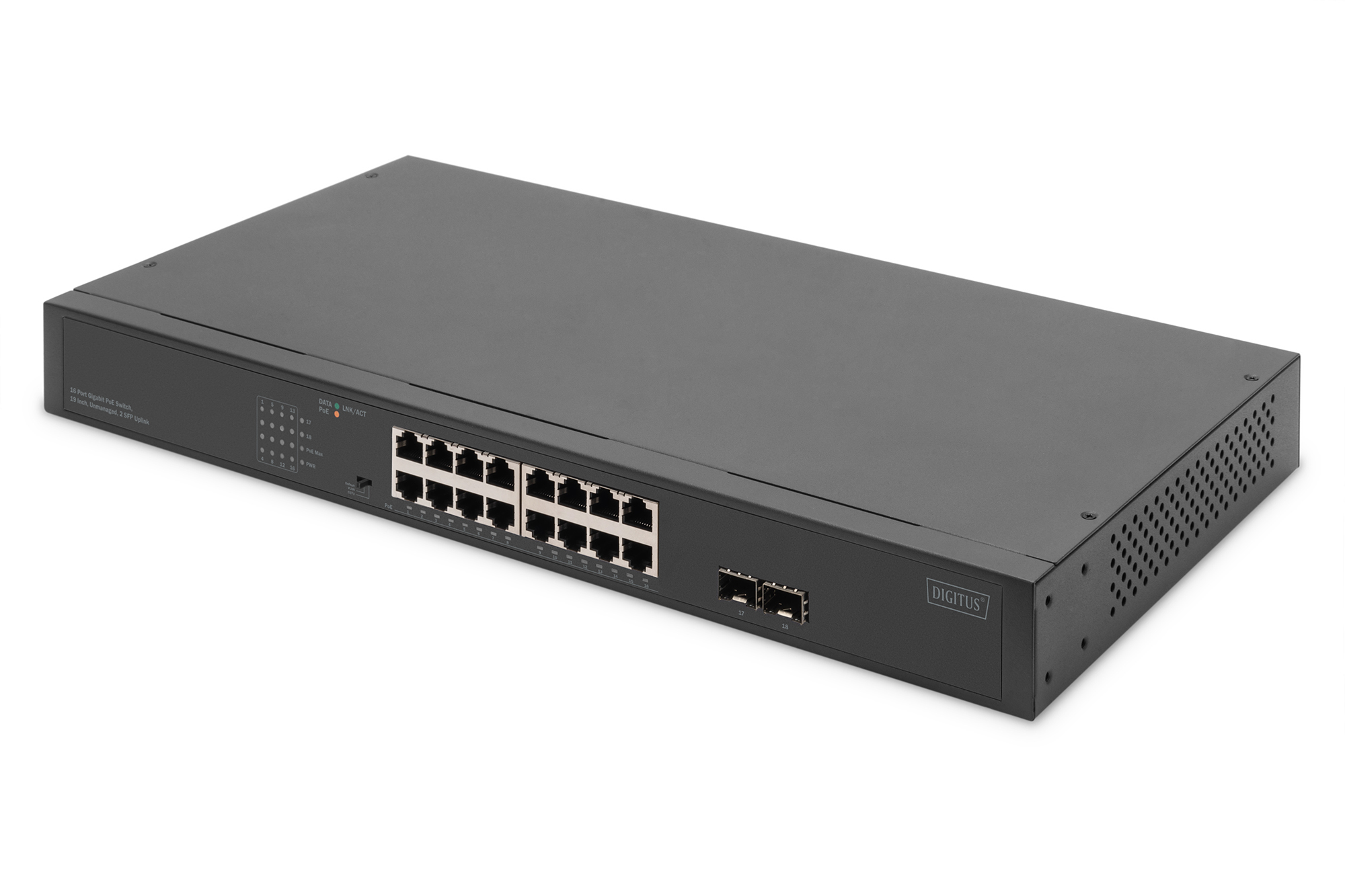 16-Port Gigabit Netzwerkswitch, 19 Zoll, unmanaged,2 Uplink Ports, SFP