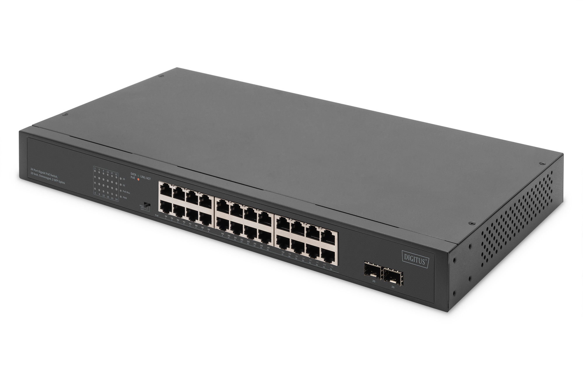 24-Port Gigabit Netzwerkswitch, 19 Zoll, unmanaged,2 Uplink Ports, SFP