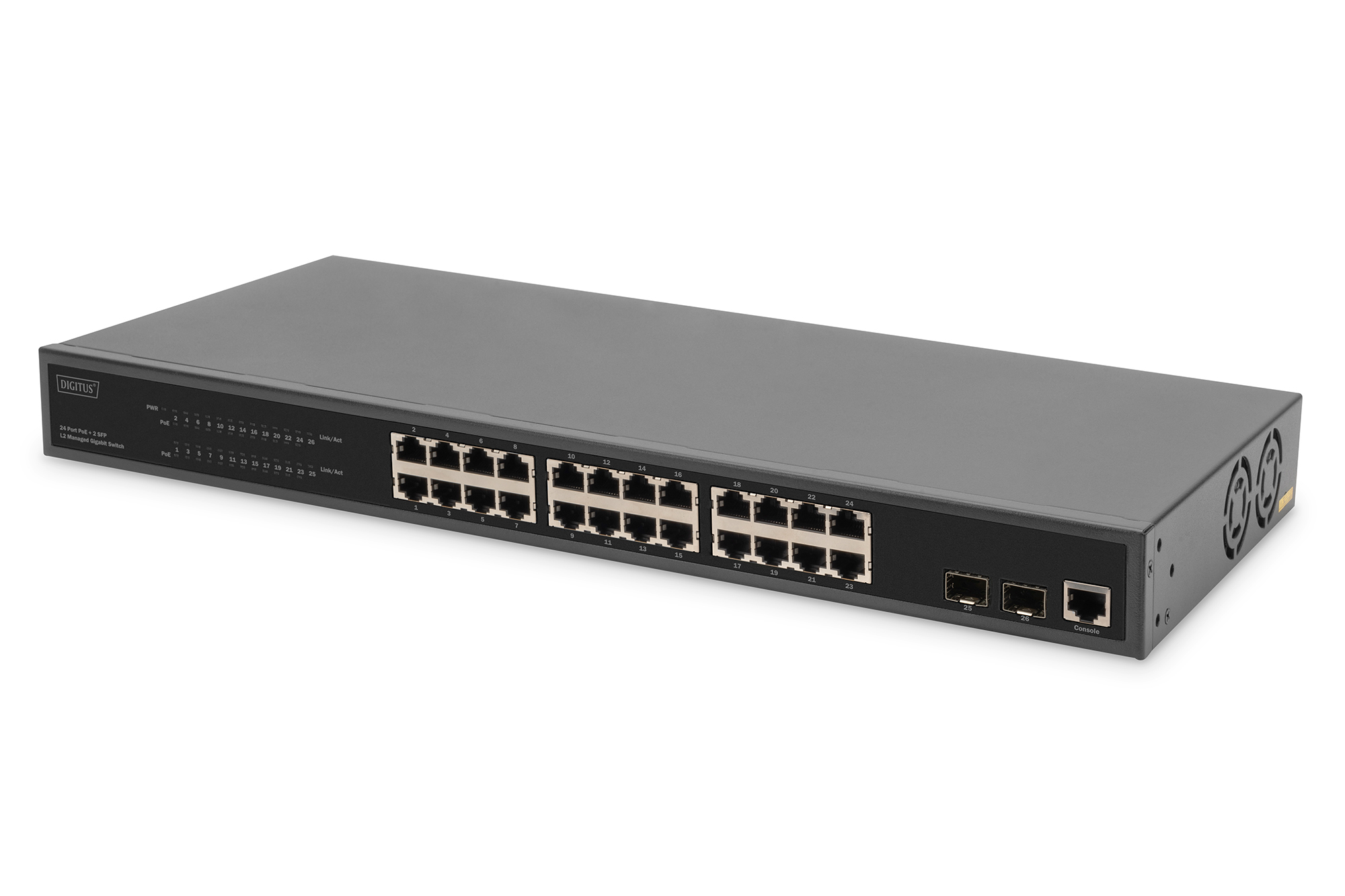 24-Port Gigabit PoE Networkswitch,19 Zoll, L2 managed,2 Uplink Ports, SFP, 430 W, af/at