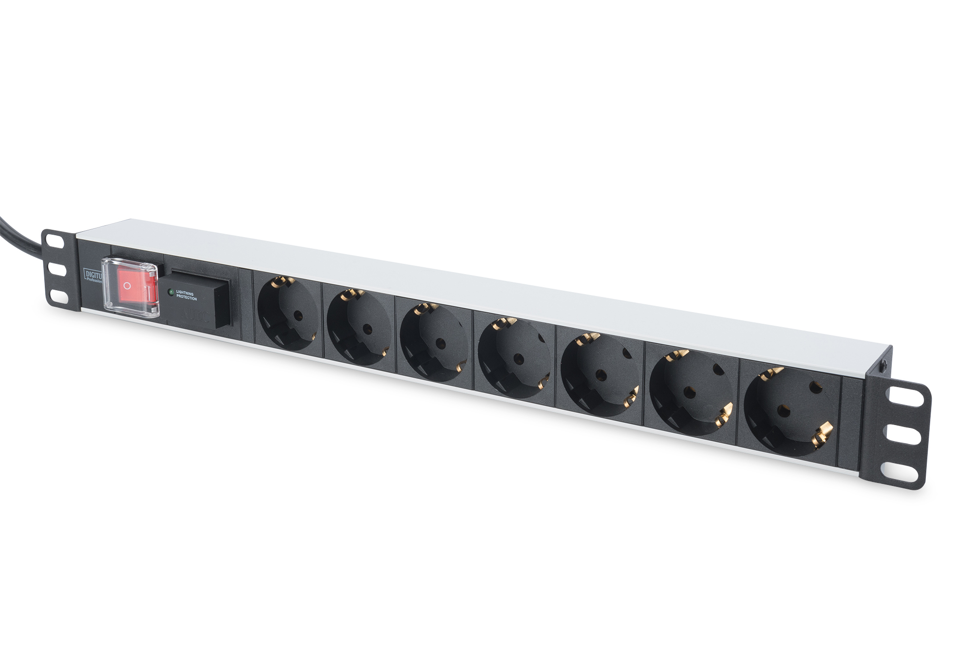 aluminum outlet strip with switch, 7 safety outlets, 2 m supply with surge protection