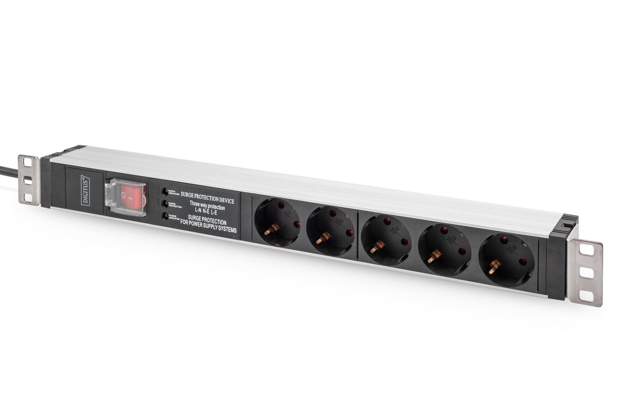 Digitus Socket strip with aluminum profile and switch, surge protection, integrated line filter, 5-way safety sockets, 2 m cable safety plug