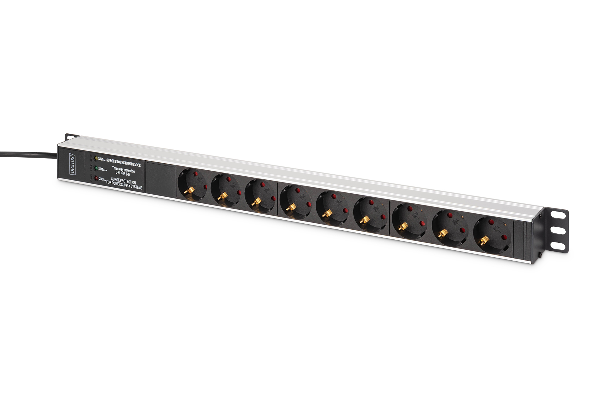 Multiple socket outlet with aluminum profile and overvoltage protection, integrated mains filter, 9-way socket outlet with earthing contact, 2 m supply cable with earthing contact plug