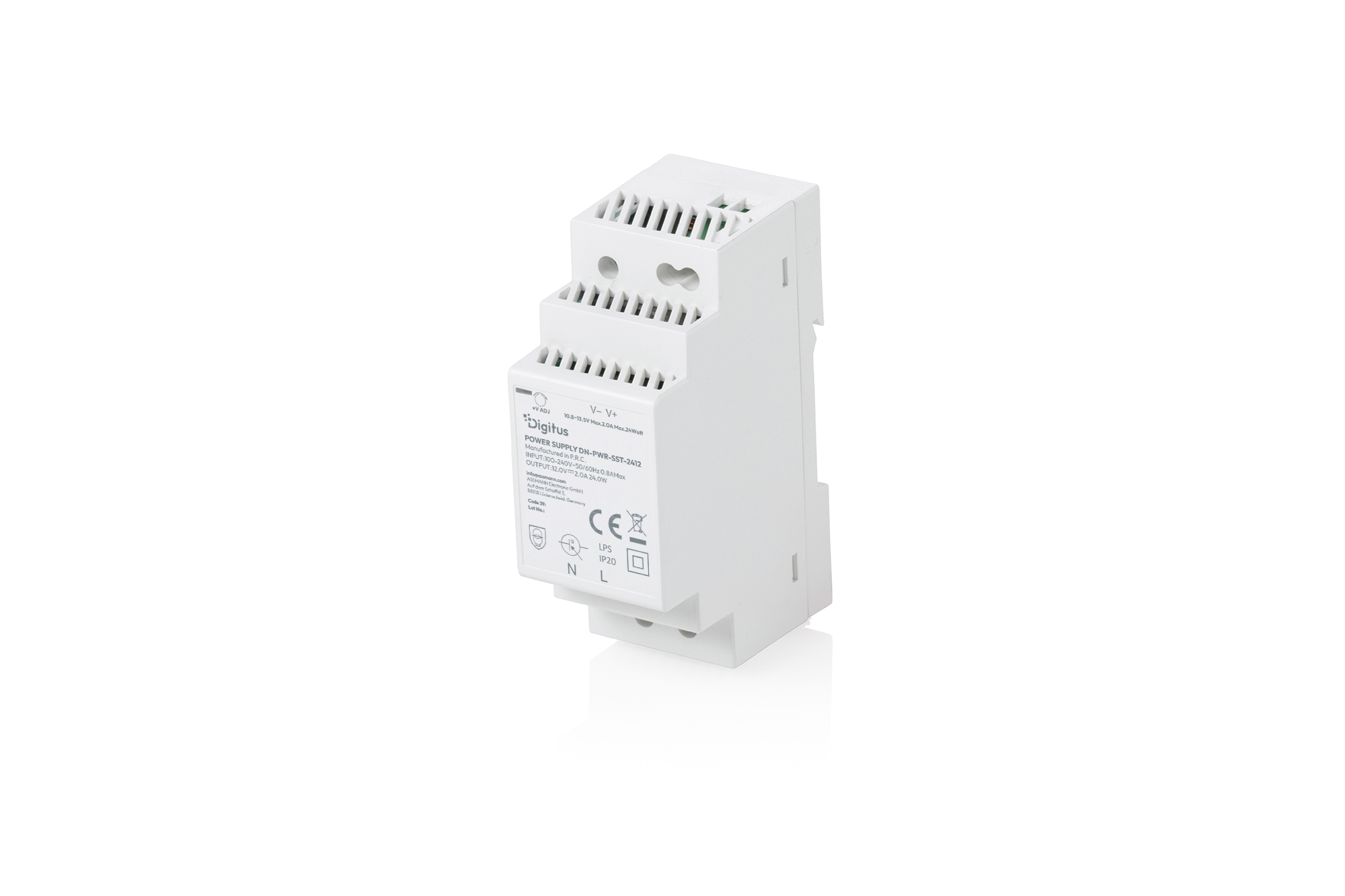 12V / 2A / 24W Step-Shape DIN-Rail power supply unit (Slim, Class II)