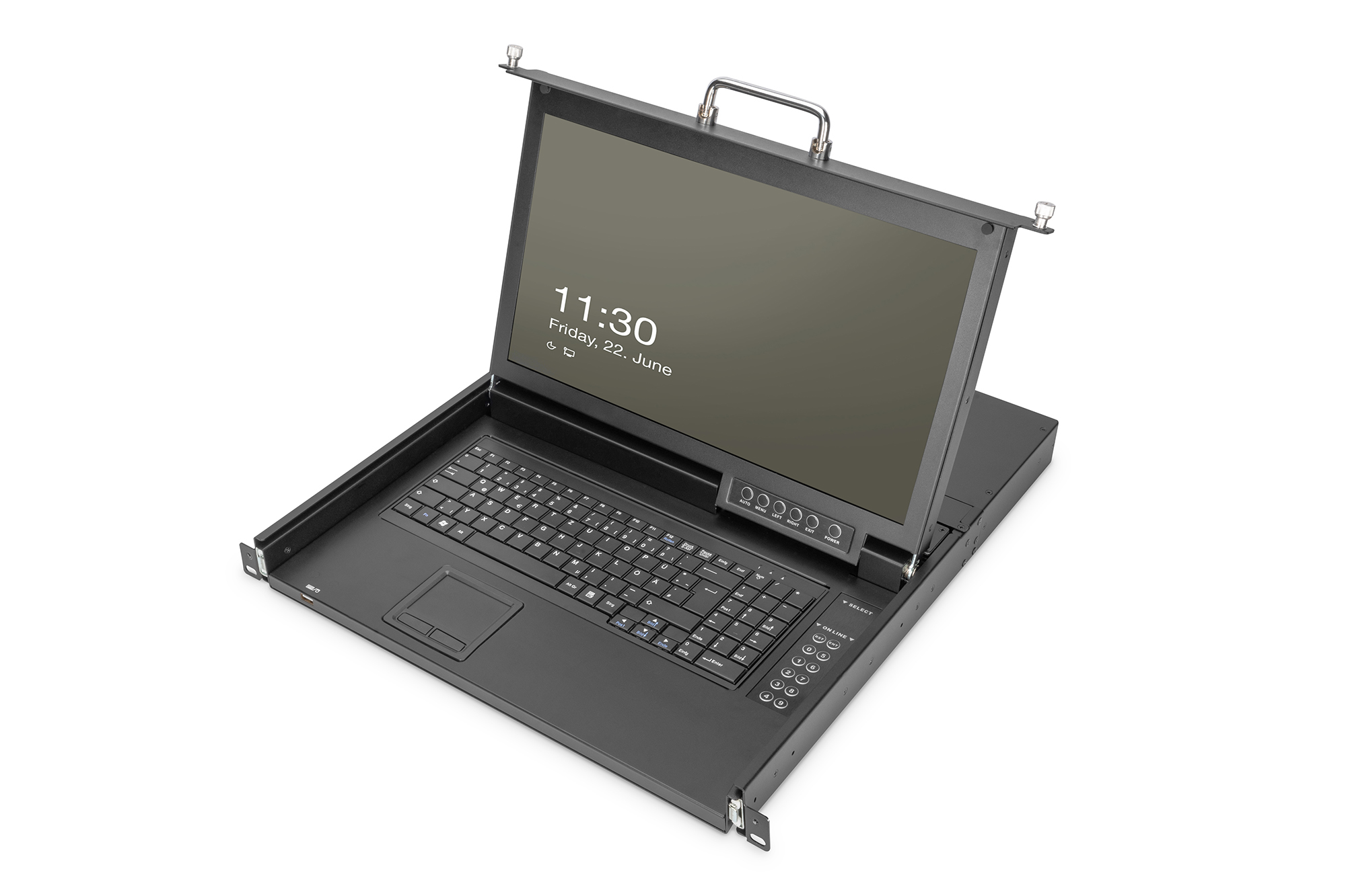 Modular HD LCD KVM console with 17" TFT, 16-port HDMI KVM connection, touchpad, US keyboard layout